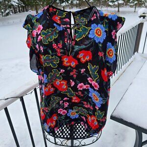 Ann Taylor Floral Blouse black red size L EUC
